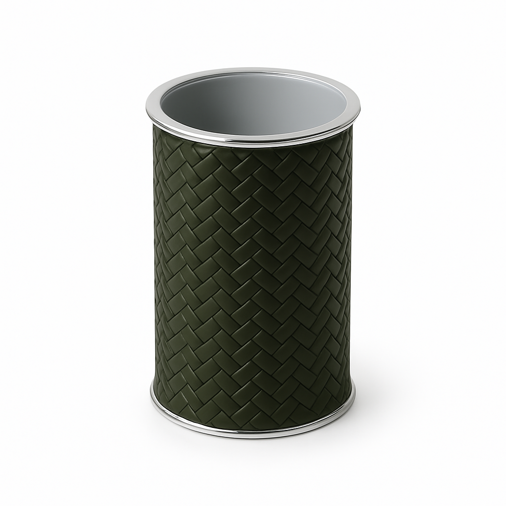 Khaki leather-wrapped bathroom brush holder