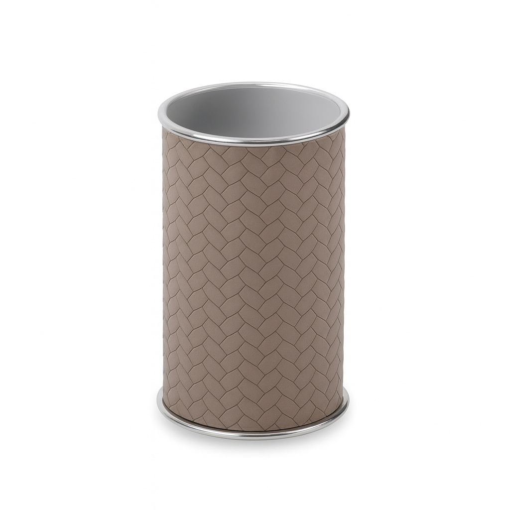 Mink leather brush holder with woven-embossed surface