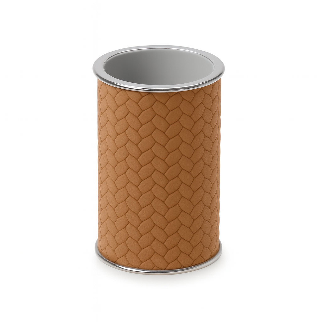 Tan leather-wrapped brush holder for the basin