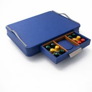 Blue leather coffee capsule box with steel details, drawers closed