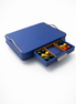 Blue leather coffee capsule box with steel details, drawers closed