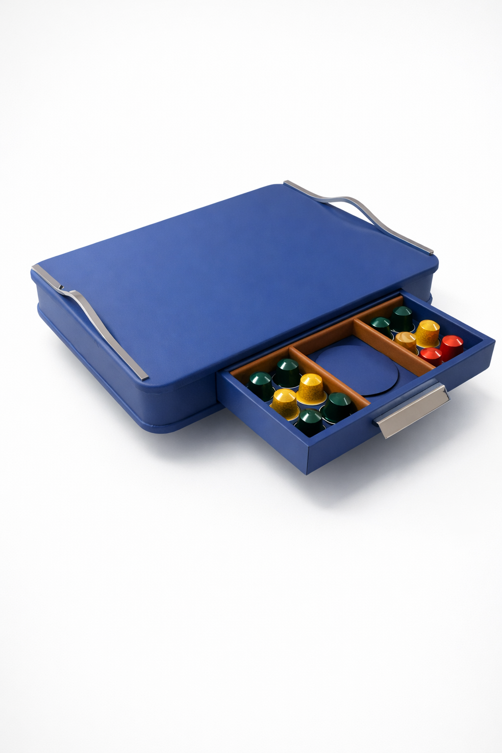 Blue leather coffee capsule box with steel details, drawers closed