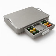 Grey leather coffee capsule box with stainless steel pulls