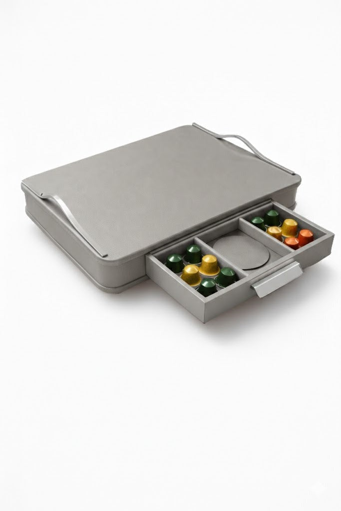 Grey leather coffee capsule box with stainless steel pulls