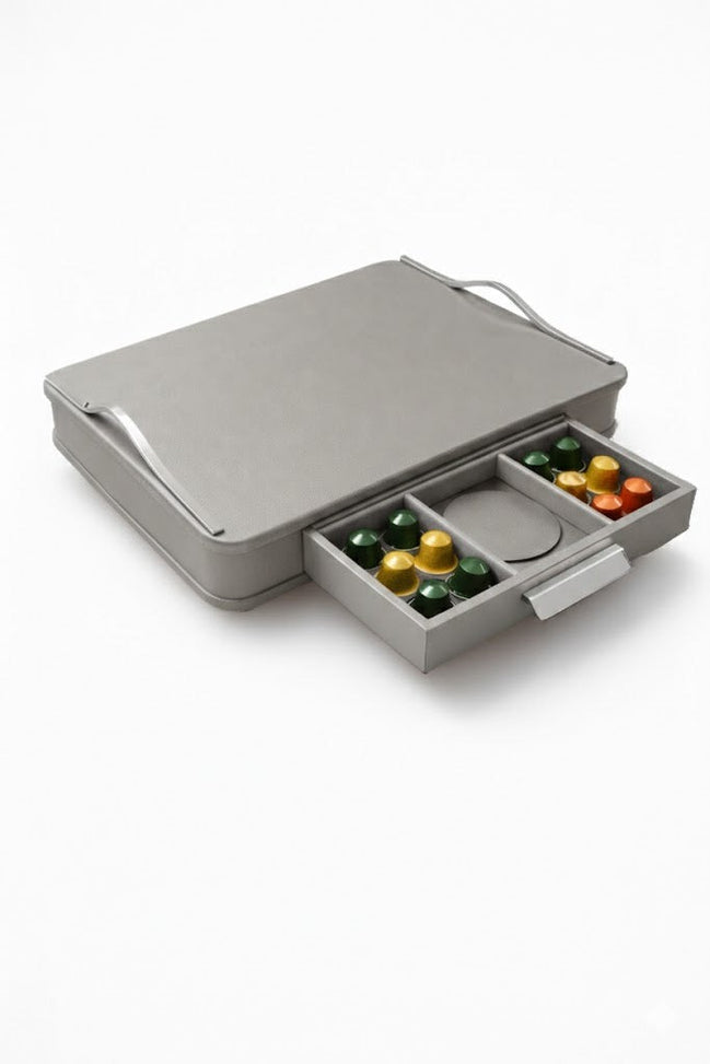 Grey leather coffee capsule box with stainless steel pulls