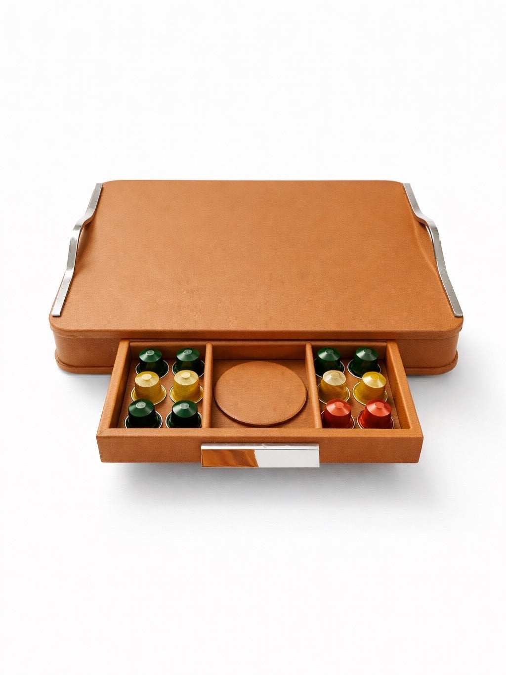 Tan leather coffee capsule box, hand-covered surfaces