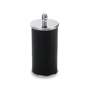 Lidded leather and steel cotton pad holder at an angle