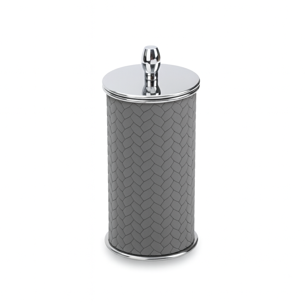 Grey leather-wrapped cotton pad holder with lid