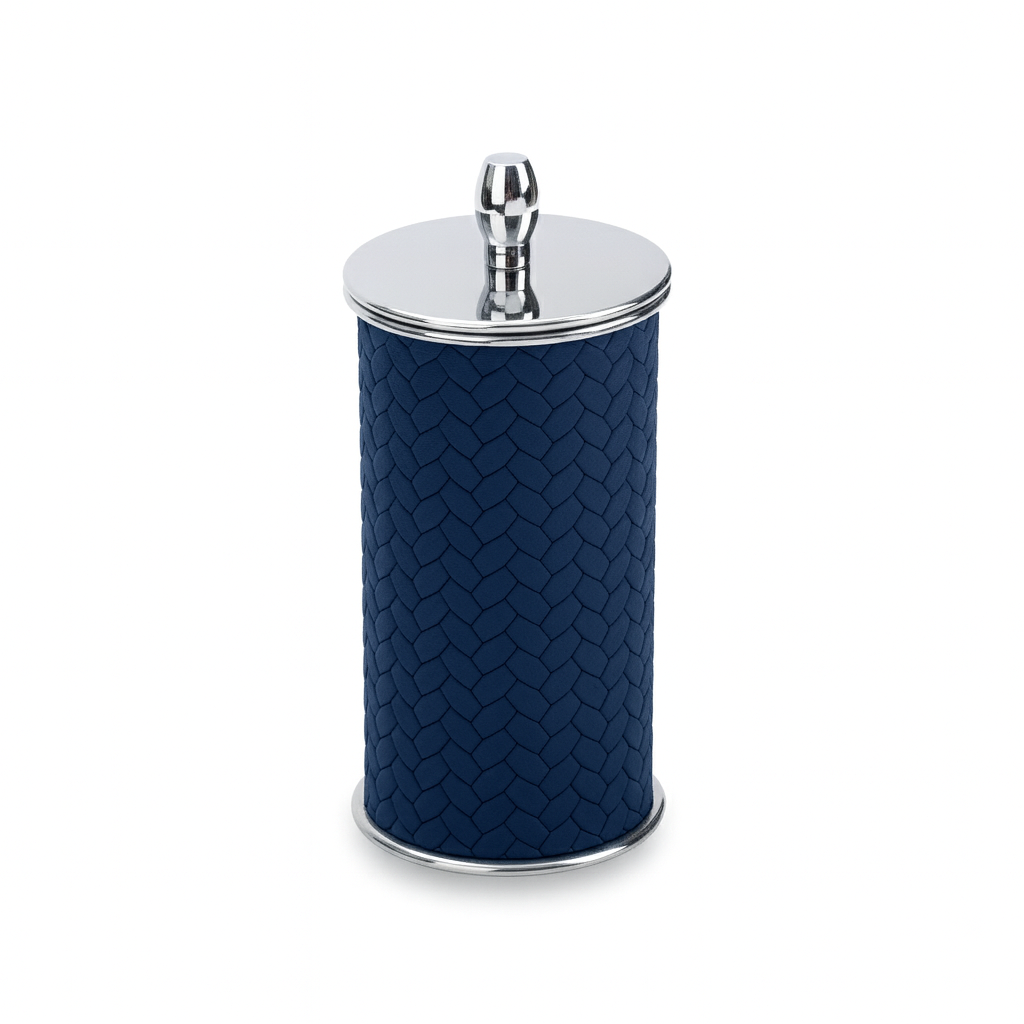 Navy woven-embossed leather cotton pad holder, steel lid