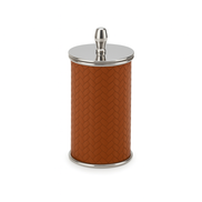 Tan leather cotton pad holder with polished steel lid
