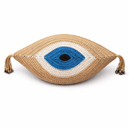Beige evil eye crochet cushion with royal blue iris, 35 x 55 cm