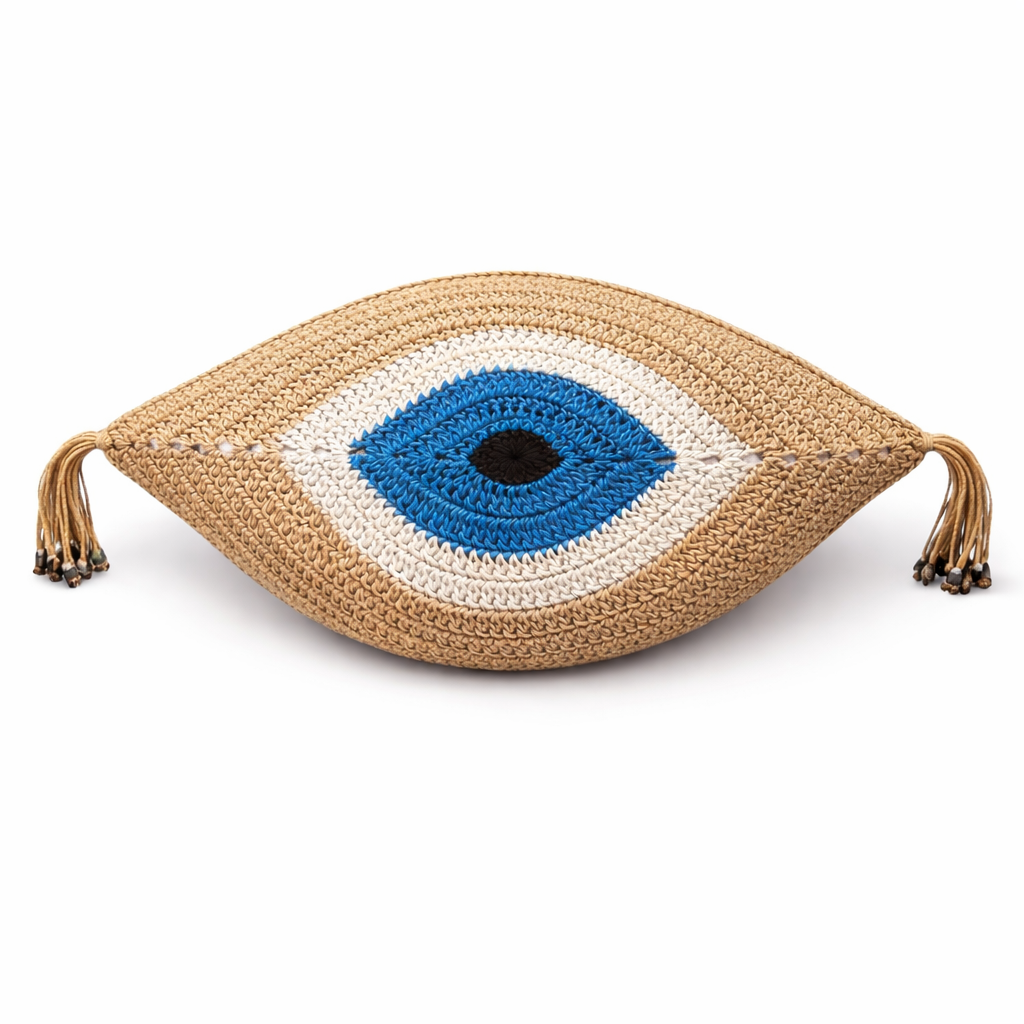 Beige evil eye crochet cushion with royal blue iris, 35 x 55 cm