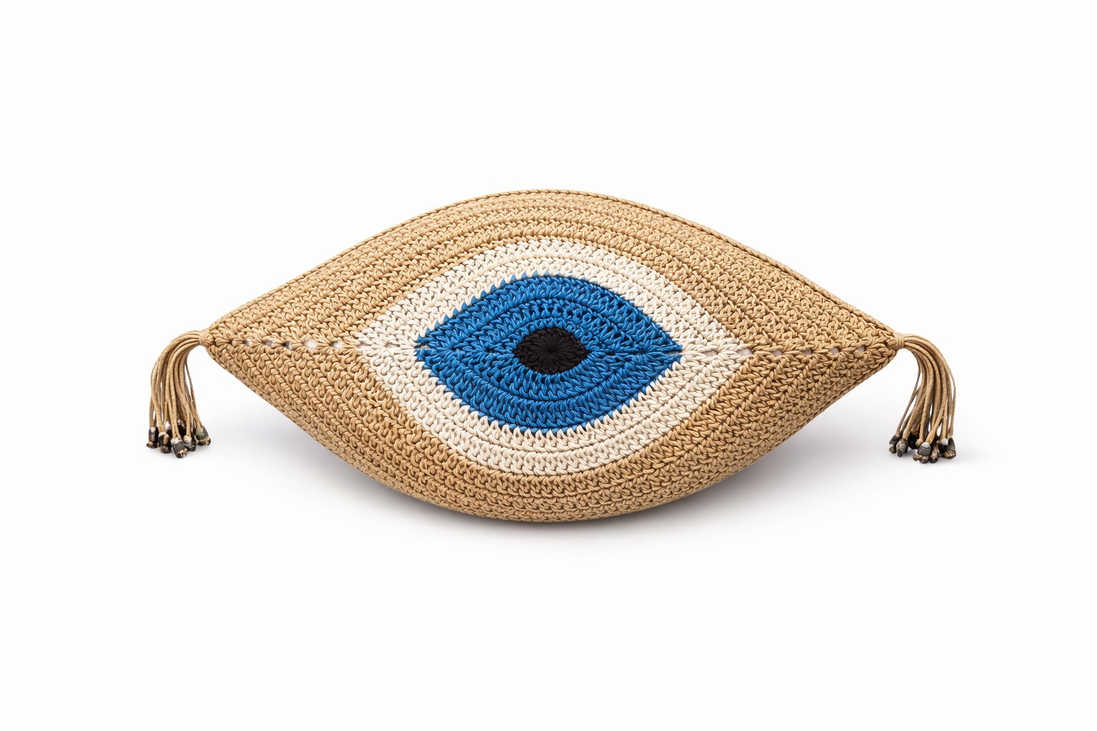 The beige evil eye cushion showing its crocheted texture and corner tassels