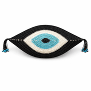 Black evil eye crochet cushion with turquoise iris, 35 x 55 cm