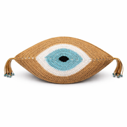Camel evil eye crochet cushion, light blue iris and beaded tassels, 35 x 55 cm