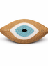 Camel evil eye crochet cushion, light blue iris and beaded tassels, 35 x 55 cm