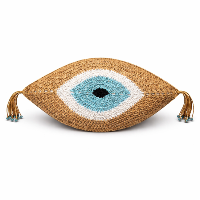 Camel evil eye crochet cushion, light blue iris and beaded tassels, 35 x 55 cm