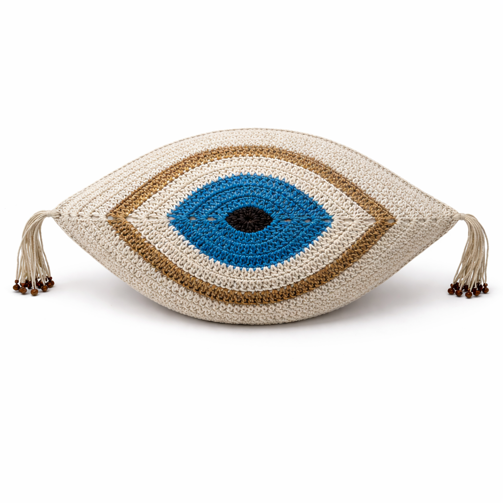 Cream evil eye crochet cushion with gold ring and blue iris, 35 x 55 cm