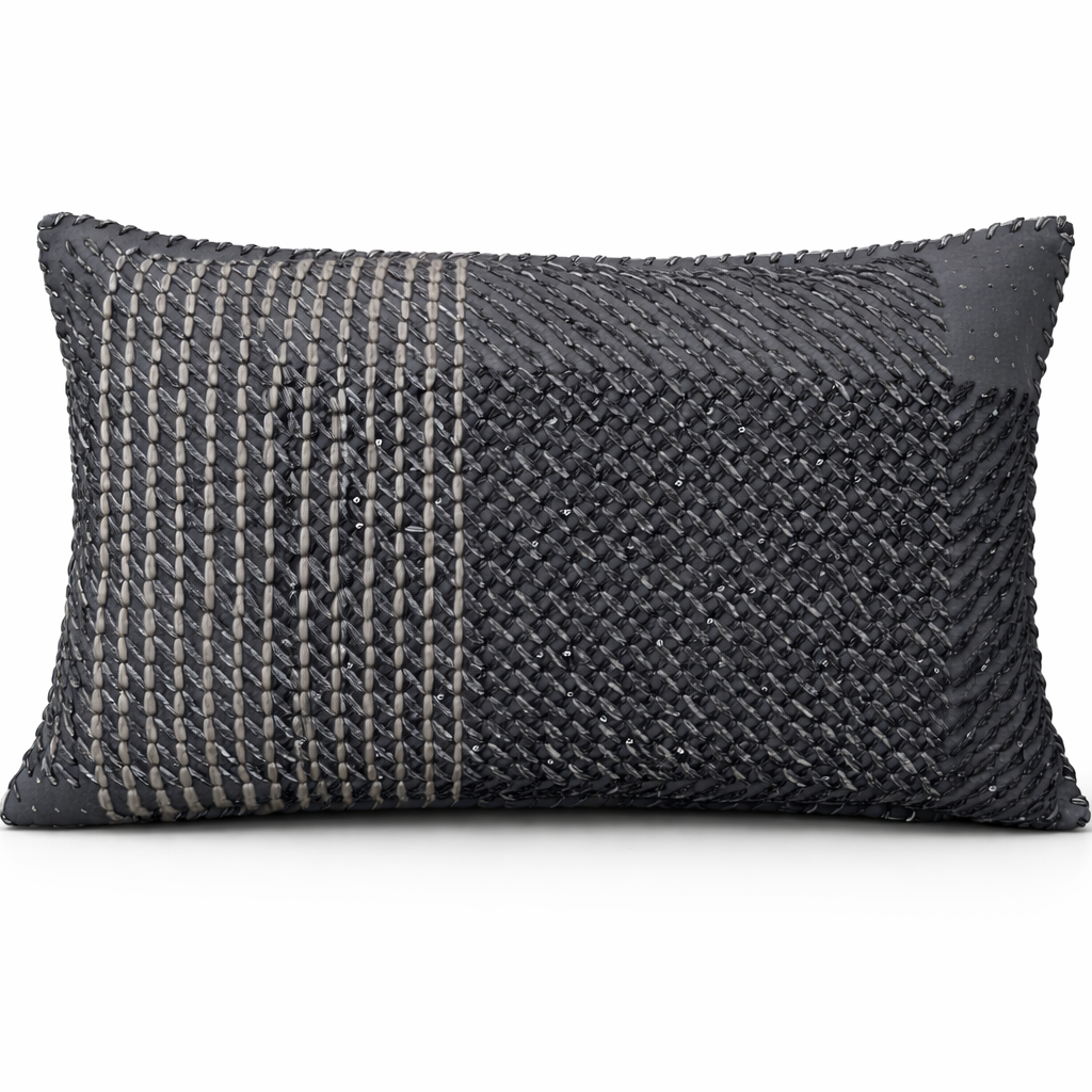 Anthracite leather cushion laced by hand in grey tones, 35 x 55 cm