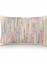 Ecru leather cushion laced with pink, purple and grey yarn, 35 x 55 cm