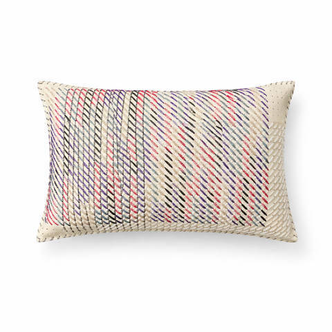 Ecru leather cushion laced with pink, purple and grey yarn, 35 x 55 cm
