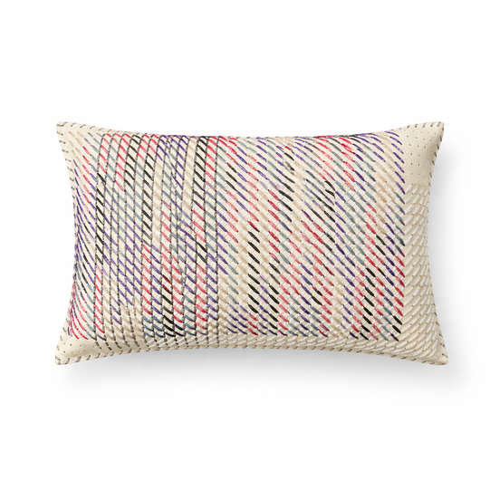 Ecru leather cushion laced with pink, purple and grey yarn, 35 x 55 cm