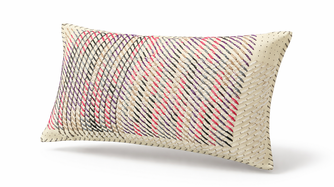 Close view of cashmere yarn drawn through the ecru leather front