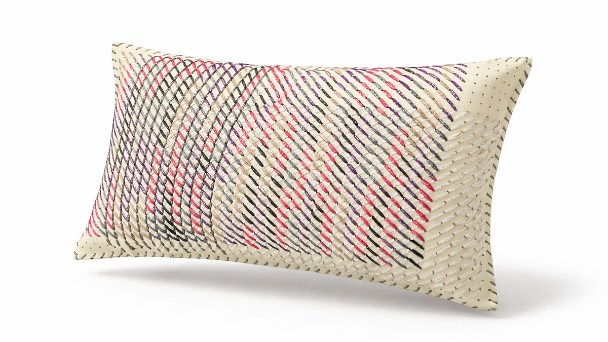 Close view of cashmere yarn drawn through the ecru leather front