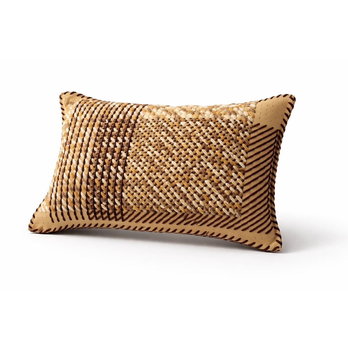 Natural tone leather cushion laced with camel and brown yarn, 35 x 55 cm