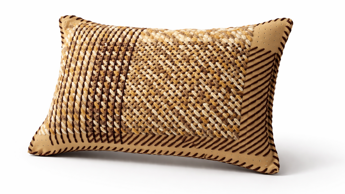 The natural tones cushion at an angle, whipstitched border in dark brown