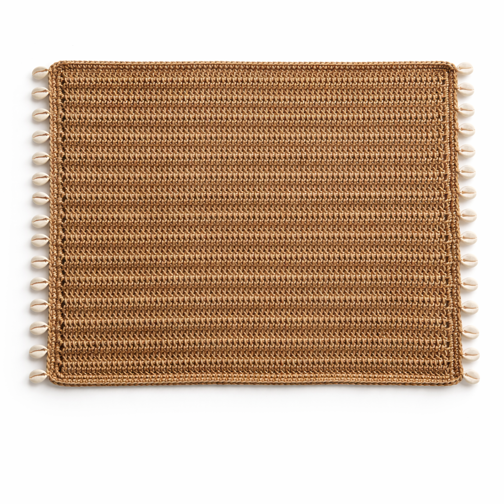 Natural jute placemat with real mussel shells along the edge, 48 x 37 cm