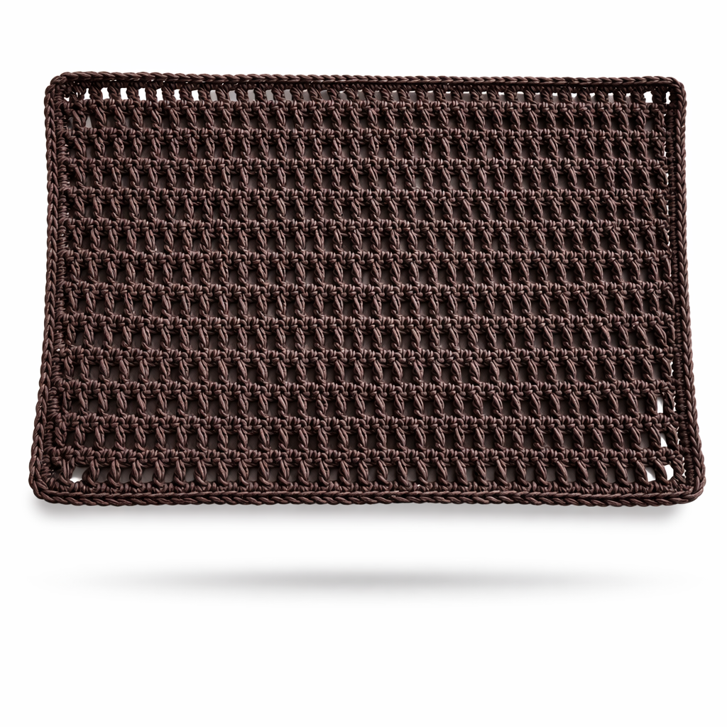 Dark brown leather cord placemat, crocheted lattice, 40 x 30 cm