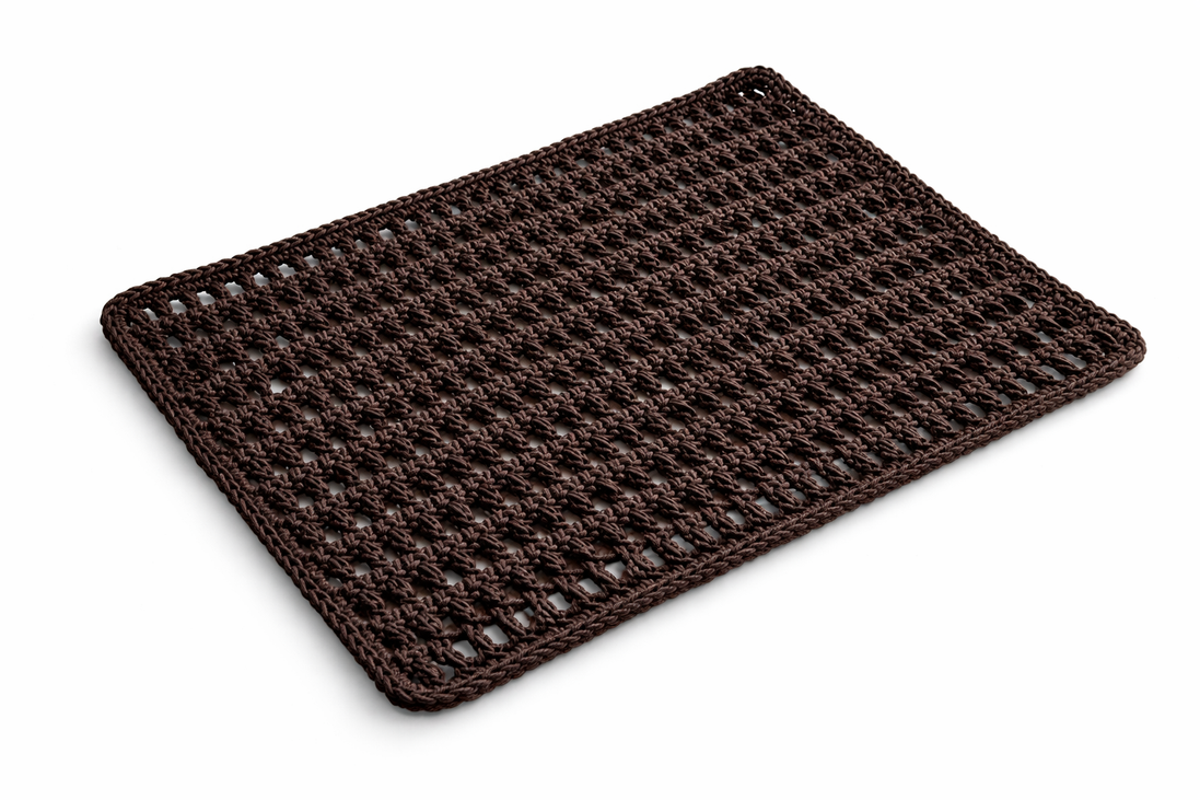The dark brown placemat from above, tight crocheted border