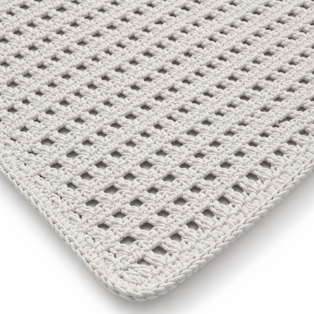 The white leather cord placemat at an angle, even rows of weave
