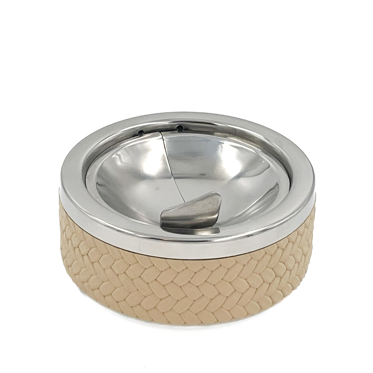 Beige leather-wrapped lidded ashtray, 11.5 cm square