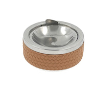 Tan leather lidded ashtray with polished steel lid