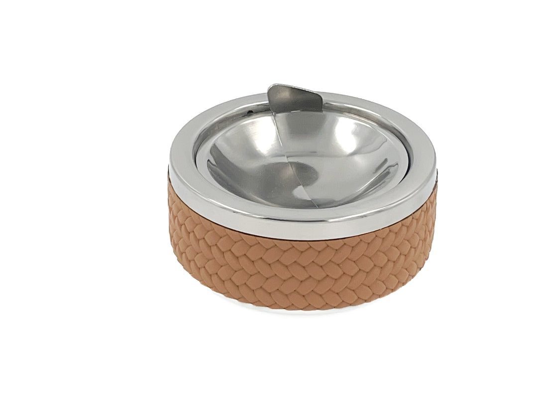 Tan leather lidded ashtray with polished steel lid