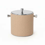 Beige leather-wrapped mini ice bucket with steel lid, 9.5 cm across