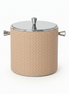 Beige leather-wrapped mini ice bucket with steel lid, 9.5 cm across