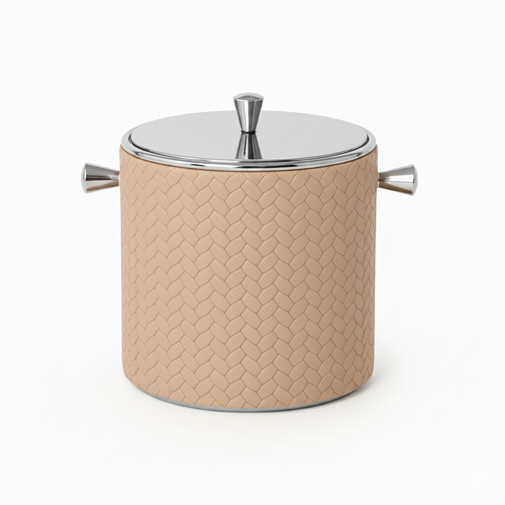 Beige leather-wrapped mini ice bucket with steel lid, 9.5 cm across