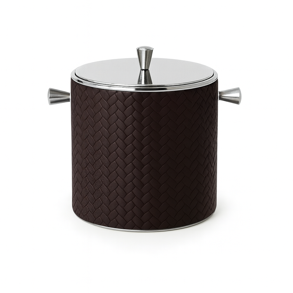 Brown mini ice bucket in woven-embossed leather with steel lid
