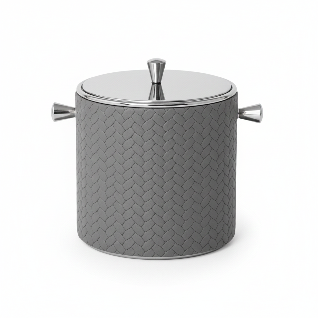 Grey leather-wrapped mini ice bucket, double-walled steel body
