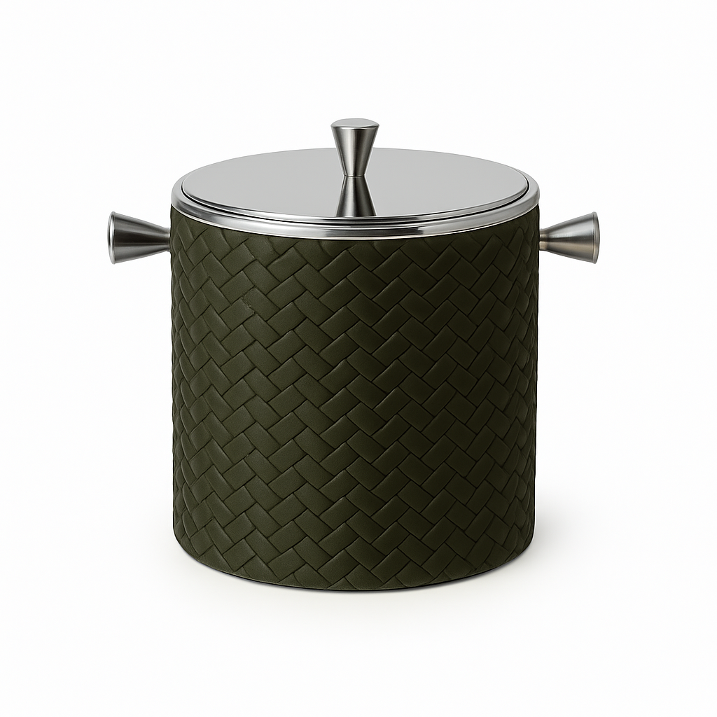 Khaki leather mini ice bucket with polished handles, 9.5 cm