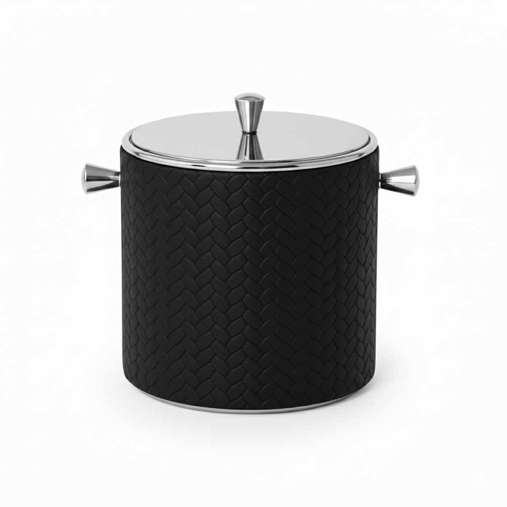 Navy and black mini ice buckets side by side, woven-embossed leather
