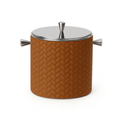 Tan woven-embossed leather mini ice bucket with steel lid