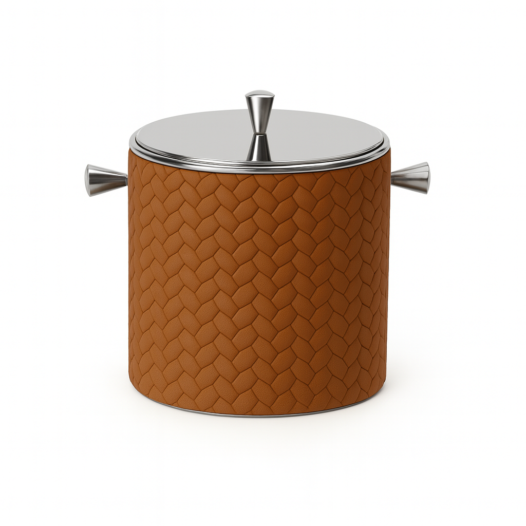 The tan mini ice bucket at an angle, lid knob in polished steel