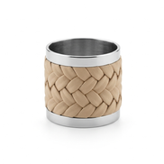 Beige braided leather napkin ring framed by polished steel