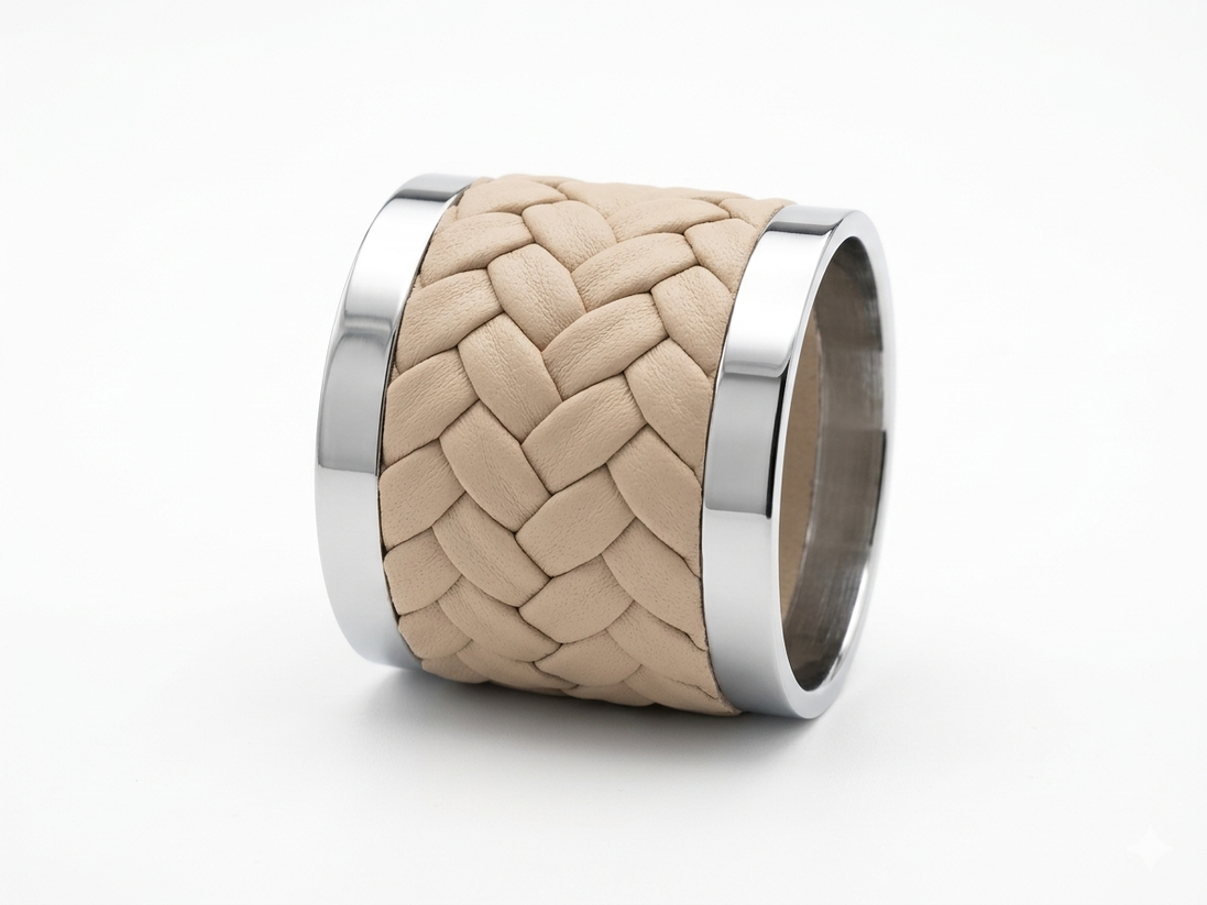 The beige napkin ring on its side, braid detail visible