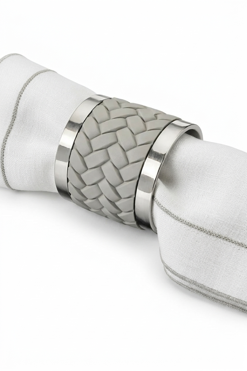 Grey woven leather napkin ring with steel rims