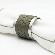 Khaki braided leather napkin ring with stainless steel rims